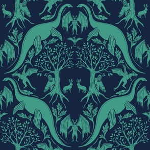 Teal & Blue Cryptid / Cryptozoology Damask