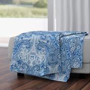 large monochrome paisley blue on steel with linen texture
