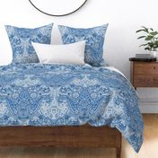 large monochrome paisley blue on steel with linen texture