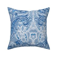 large monochrome paisley blue on steel with linen texture