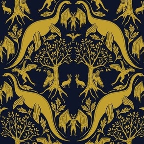 Small-Scale Gold & Navy Cryptid Damask