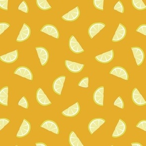 Fruit garden - lime and lemon citrus fruit slices fruit garden summer design on ochre yellow