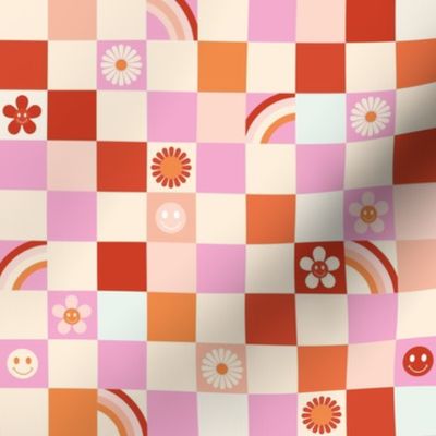 Vintage retro checkerboard with daisies smileys and rainbows kids design pink orange red girls