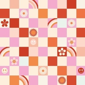 Vintage retro checkerboard with daisies smileys and rainbows kids design pink orange red girls