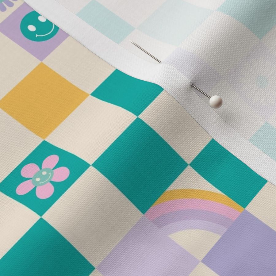 Vintage retro checkerboard with daisies smileys and rainbows kids design teal yellow lilac 