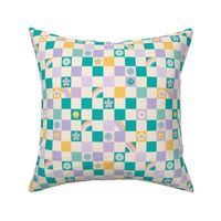 Vintage retro checkerboard with daisies smileys and rainbows kids design teal yellow lilac 