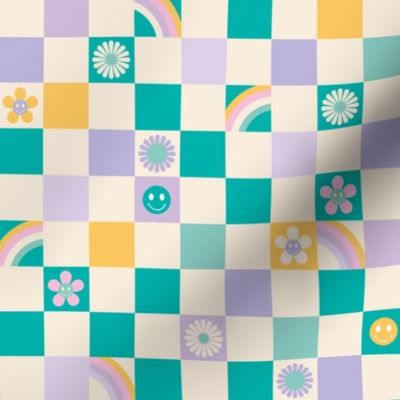 Vintage retro checkerboard with daisies smileys and rainbows kids design teal yellow lilac 