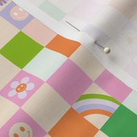 Vintage retro checkerboard with daisies smileys and rainbows kids design pink lilac green nineties palette
