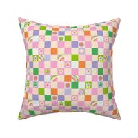 Vintage retro checkerboard with daisies smileys and rainbows kids design pink lilac green nineties palette