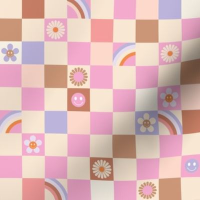 Vintage retro checkerboard with daisies smileys and rainbows kids design pink beige rust lilac girls palette