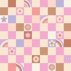 Vintage retro checkerboard with daisies smileys and rainbows kids design pink beige rust lilac girls palette