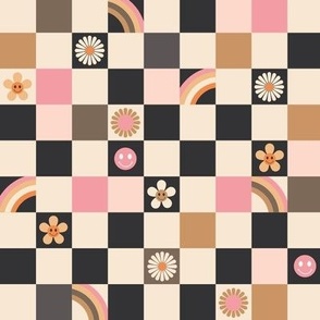 Vintage retro checkerboard with daisies smileys and rainbows kids design brown pink blush nude seventies palette