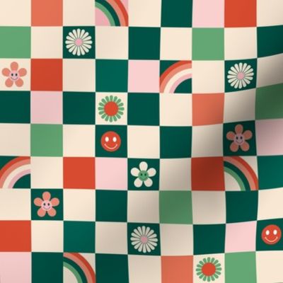 Vintage retro checkerboard with daisies smileys and rainbows kids design emerald pine green red pink seasonal christmas palette