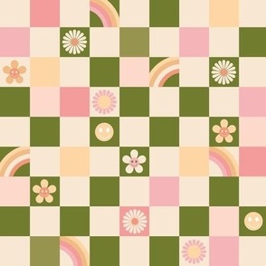 Vintage retro checkerboard with daisies smileys and rainbows kids design matcha green pink blush seventies palette