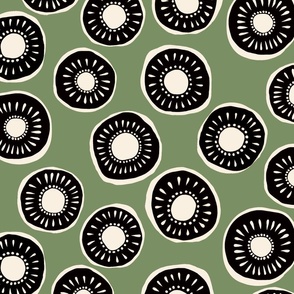 Retro floral pattern - black and white with a sage green background - large