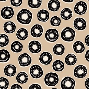 Retro floral pattern - black and white with pale sand background - medium 