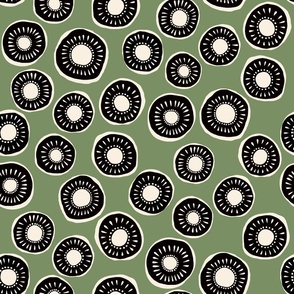 Retro floral pattern - black and white with a sage green background - medium 