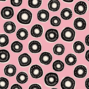 Retro floral pattern - black and white with a pink background - medium 