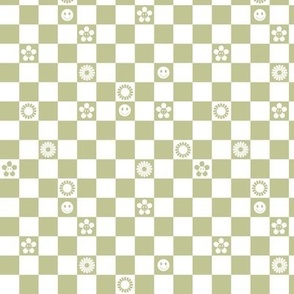 Vintage checkerboard and retro smileys daisy flowers and sunshine matcha green white 