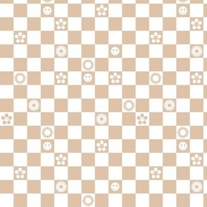 Vintage checkerboard and retro smileys daisy flowers and sunshine tan beige on white
