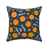 Large Scale Orange You Sweet! Kawaii Face Fruit Slices and Hearts on Navy