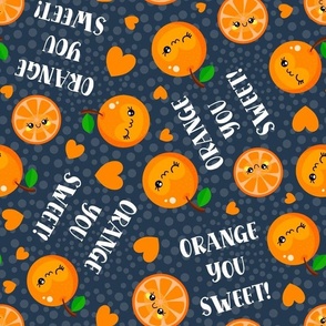 Large Scale Orange You Sweet! Kawaii Face Fruit Slices and Hearts on Navy