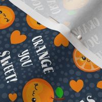 Medium Scale Orange You Sweet! Kawaii Face Fruit Slices and Hearts on Navy