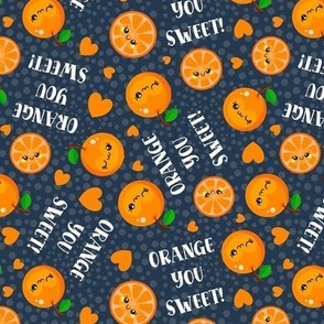 Medium Scale Orange You Sweet! Kawaii Face Fruit Slices and Hearts on Navy