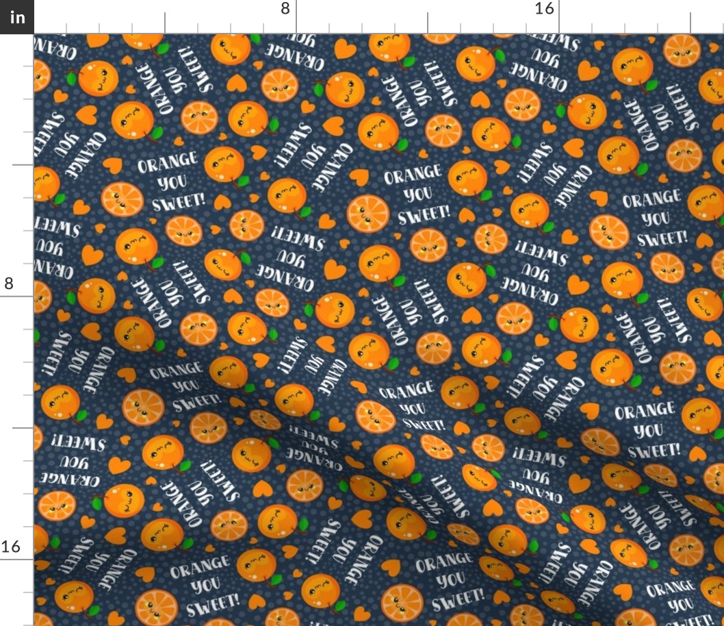 Medium Scale Orange You Sweet! Kawaii Face Fruit Slices and Hearts on Navy
