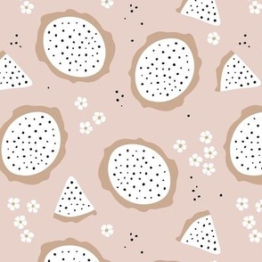Fruit garden - Dragon fruit and slices with blossom tan beige white on nude