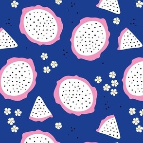 Fruit garden - Dragon fruit and slices with blossom pink white on eclectic blue 