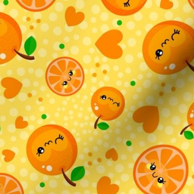 Large Scale Happy Kawaii Face Oranges Mandarin Clementine Slices with Hearts on Yellow