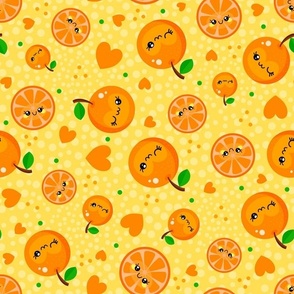 Large Scale Happy Kawaii Face Oranges Mandarin Clementine Slices with Hearts on Yellow