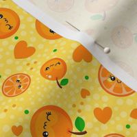 Medium Scale Happy Kawaii Face Oranges Mandarin Clementine Slices with Hearts on Yellow
