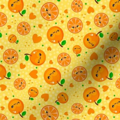 Medium Scale Happy Kawaii Face Oranges Mandarin Clementine Slices with Hearts on Yellow