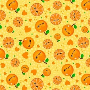 Medium Scale Happy Kawaii Face Oranges Mandarin Clementine Slices with Hearts on Yellow