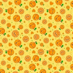 Small Scale Happy Kawaii Face Oranges Mandarin Clementine Slices with Hearts on Yellow