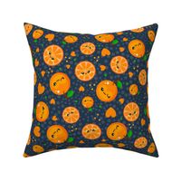Large Scale Happy Kawaii Face Oranges Mandarin Clementine Slices with Hearts on Navy
