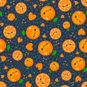 Large Scale Happy Kawaii Face Oranges Mandarin Clementine Slices with Hearts on Navy