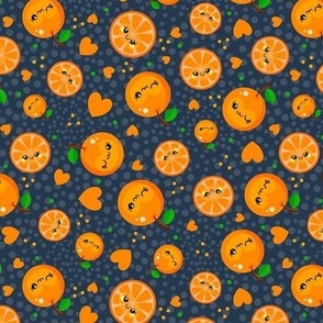 Medium Scale Happy Kawaii Face Oranges Mandarin Clementine Slices with Hearts on Navy