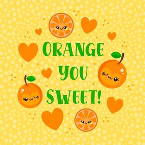 18x18 Square Panel Happy Kawaii Faces Orange You Sweet! Slices and Hearts on Yellow for Throw Pillow or Cushion Cover