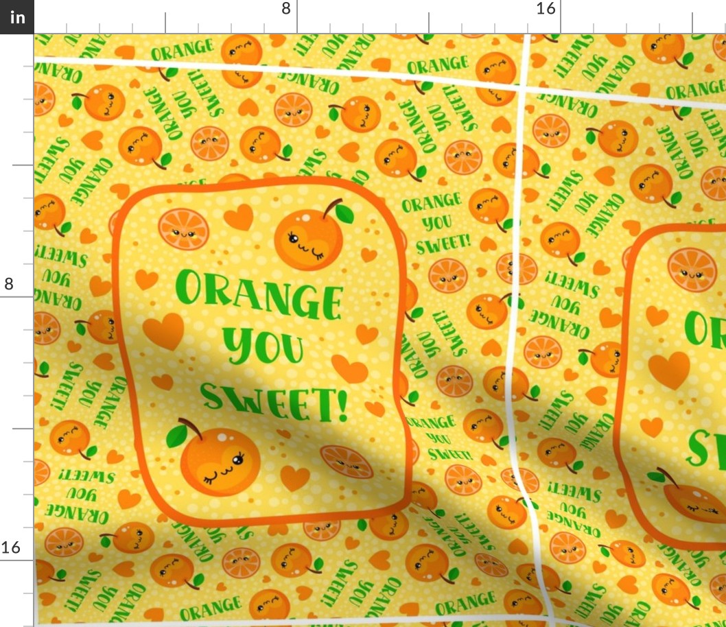 14x18 Panel for DIY Garden Flag Wall Hanging or Hand Towel Happy Kawaii Faces Orange You Sweet! Slices and Hearts on Yellow