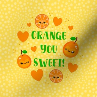 6" Circle For Embroidery Hoop Wall Art or Quilt Square Happy Kawaii Face Orange You Sweet! Mandarin Clementine Slices with Hearts on Yellow