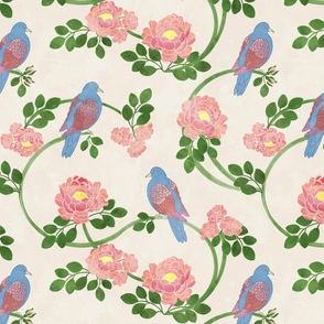 Blue Birds with Pink Roses on Cream Watercolor Background Small Format