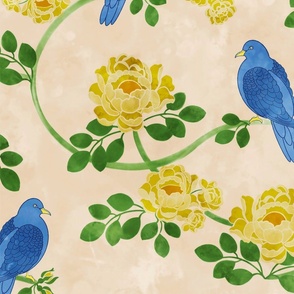 Blue Birds and Yellow Roses  on Watercolor Beige Background Large  Format