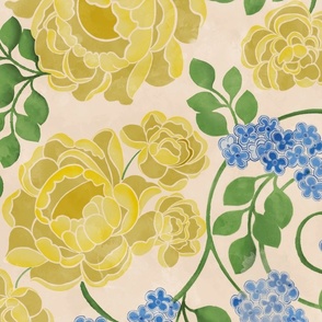 Gold Roses & Blue Forget Me Nots on Watercolor Beige Background Large Format