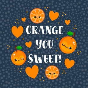  18x18 Square Panel Happy Kawaii Faces Orange You Sweet! Slices and Hearts on Navy for Throw Pillow or Cushion Cover