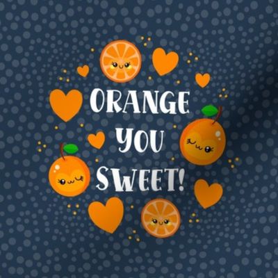 6" Circle For Embroidery Hoop Wall Art or Quilt Square Happy Kawaii Face Orange You Sweet! Mandarin Clementine Slices with Hearts on Navy