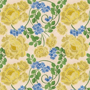 Gold Roses & Blue Forget Me Nots on Watercolor Beige Background Small Format