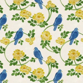 Yellow  Roses and Blue  Birds on Watercolor Cream Background  Large Format 